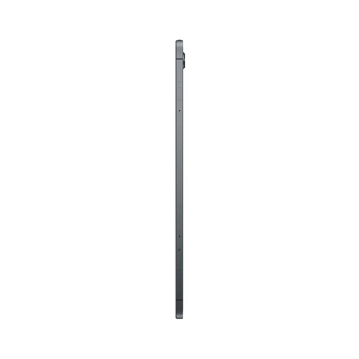 Tablet grigio visto di lato su sfondo bianco.