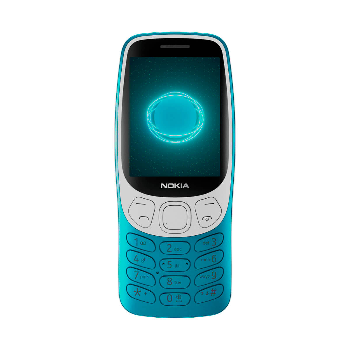 Un telefono Nokia blu con un cerchio turchese luminoso sul suo schermo.