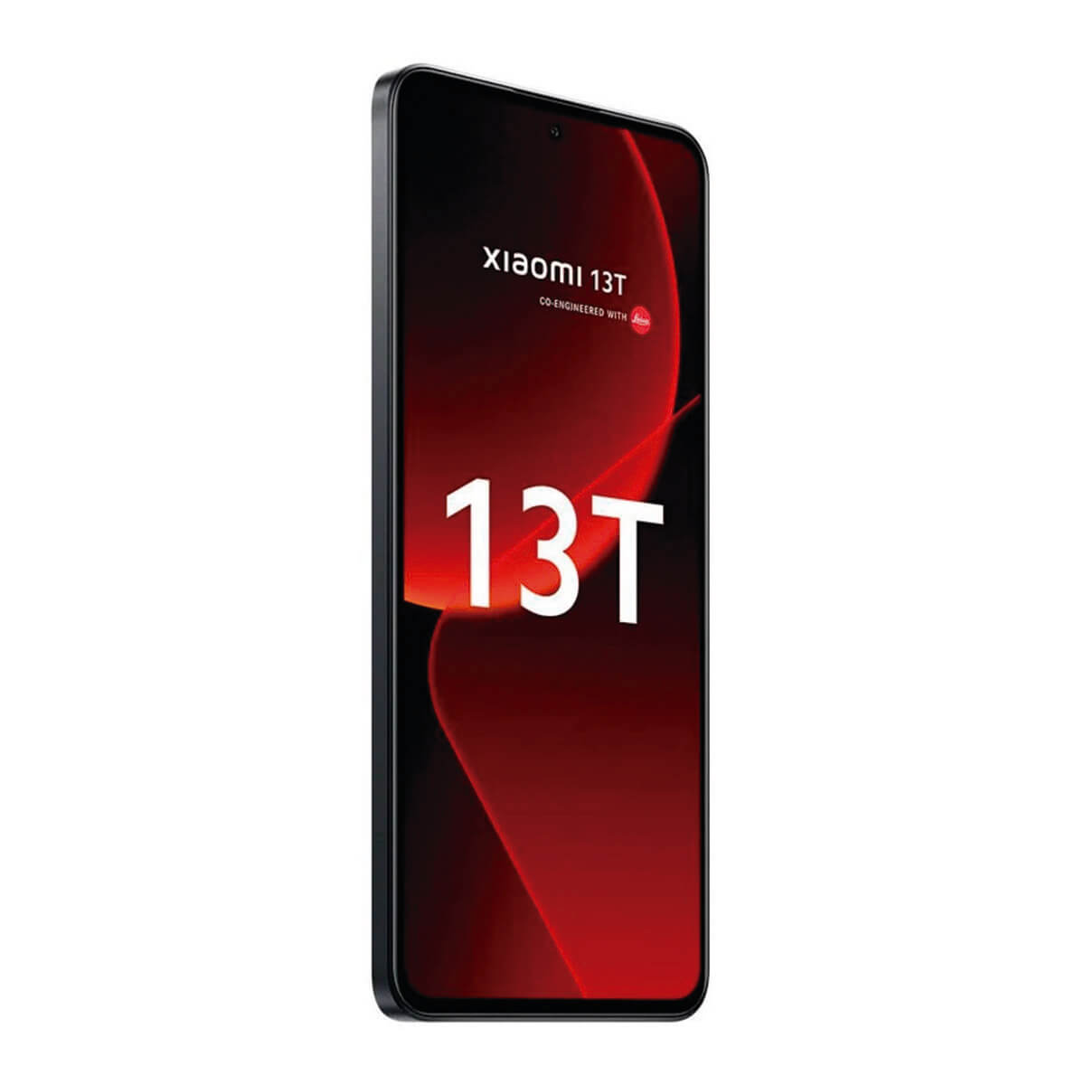 Ein schwarzes Smartphone mit rotem Hintergrund und der Aufschrift "Xiaomi 13T".
