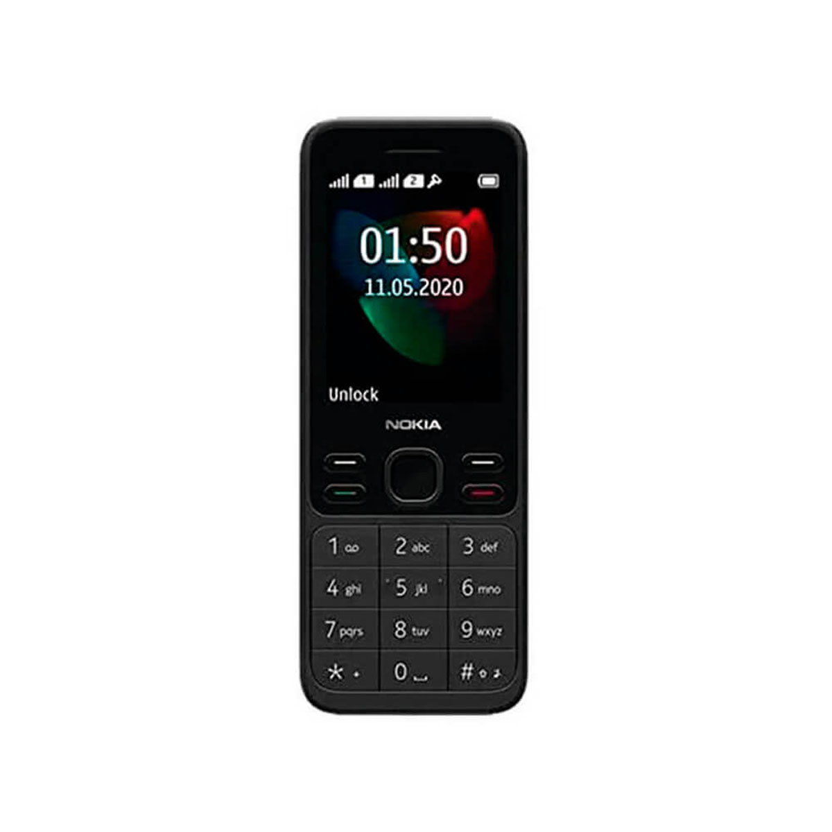 Un telefono Nokia nero con tastiera e schermo che mostra le 01:50.