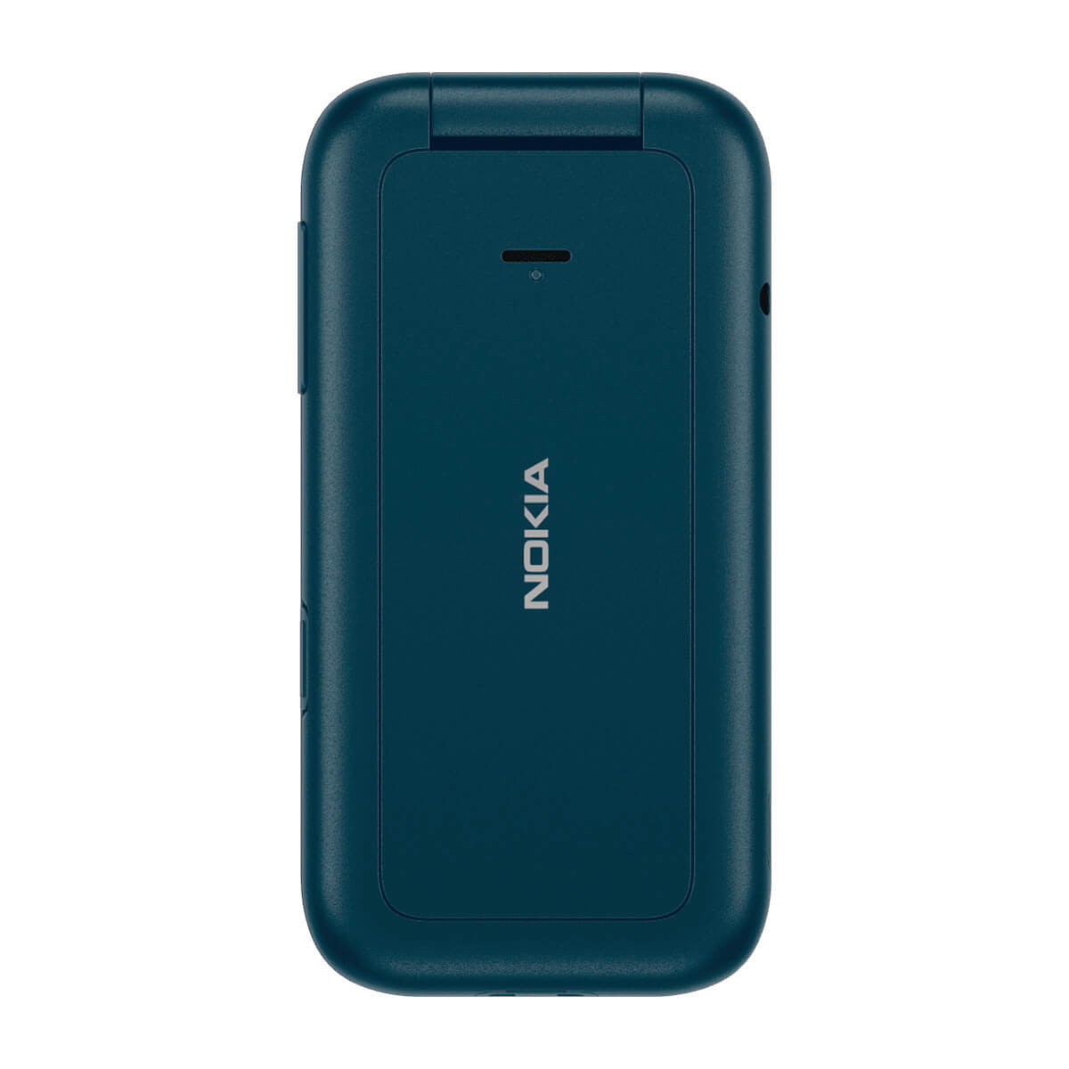 Un teléfono plegable Nokia azul oscuro cerrado con el logo de Nokia detrás.