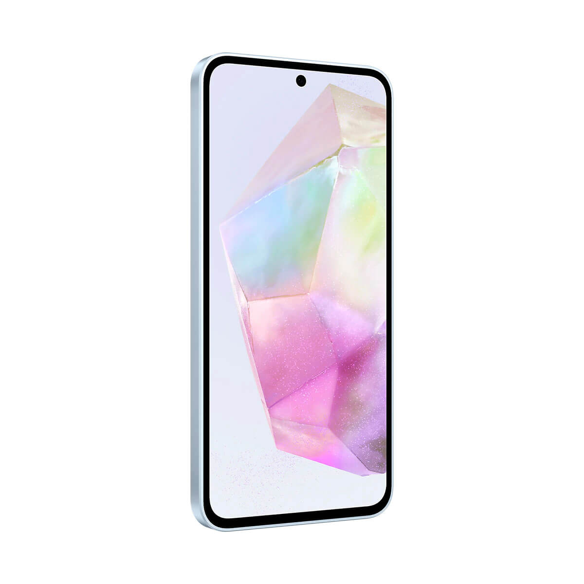 Ein hellblaues Smartphone mit einem bunten Kristall-Hintergrundbild.