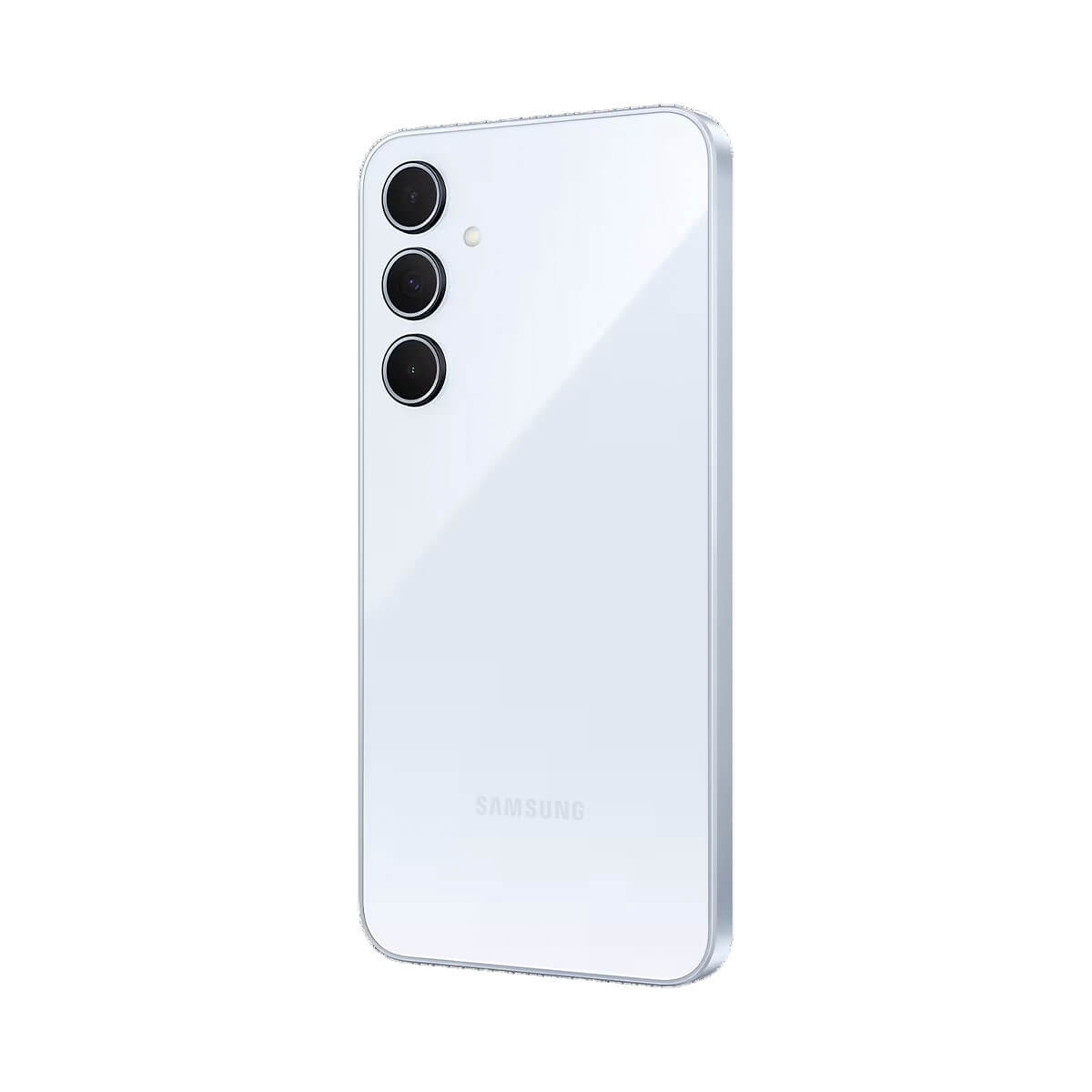 Ein weißes Samsung Smartphone mit drei Kameras auf der Rückseite.