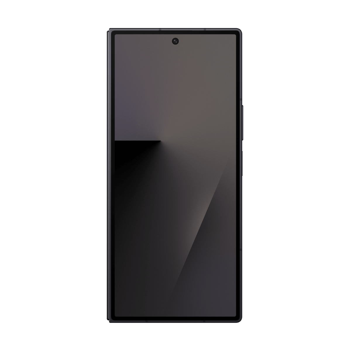 Ein dunkles Smartphone mit einem dunklen Bildschirm und einer einzelnen Frontkamera.
