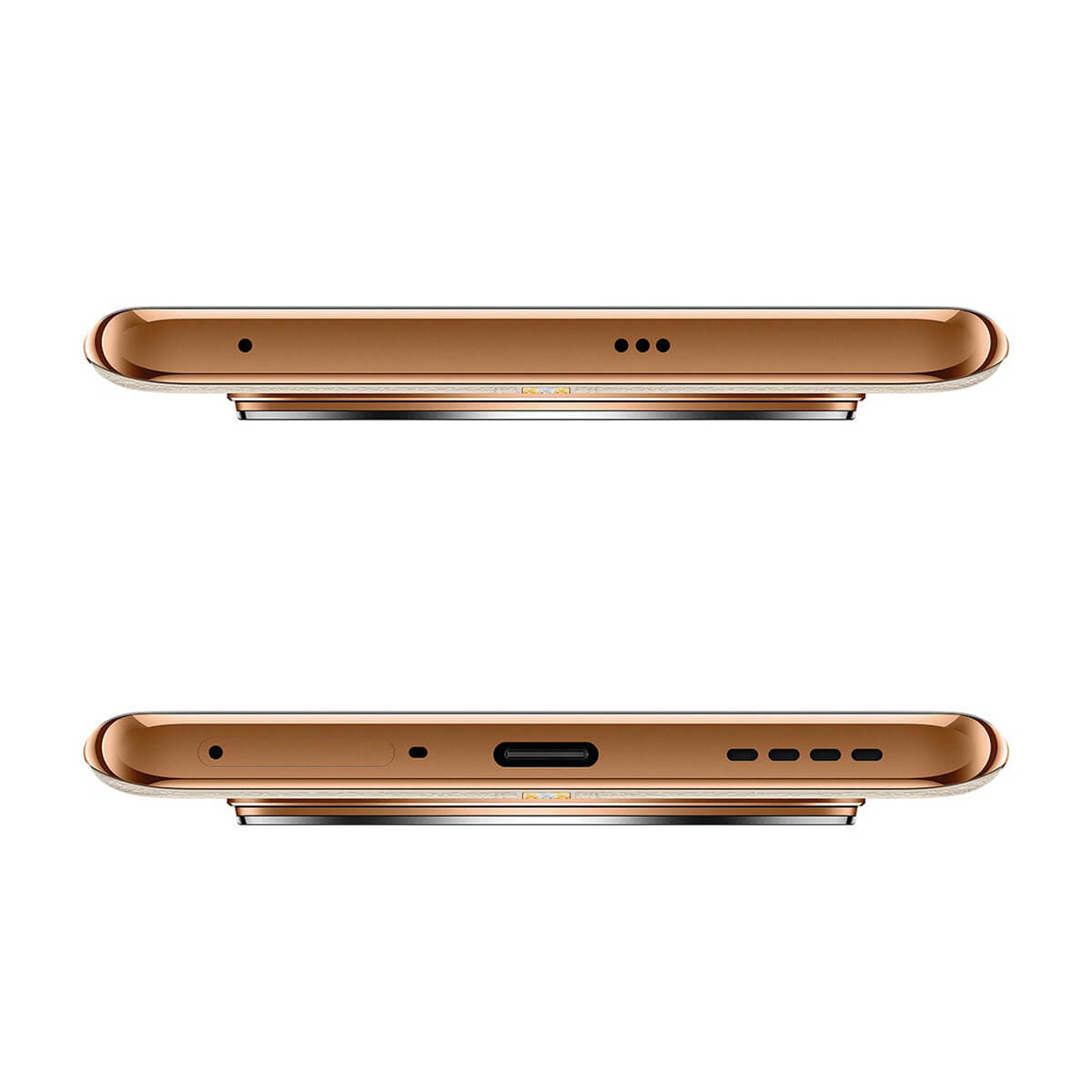 Due viste di uno smartphone color bronzo che mostrano porte e griglie altoparlanti.