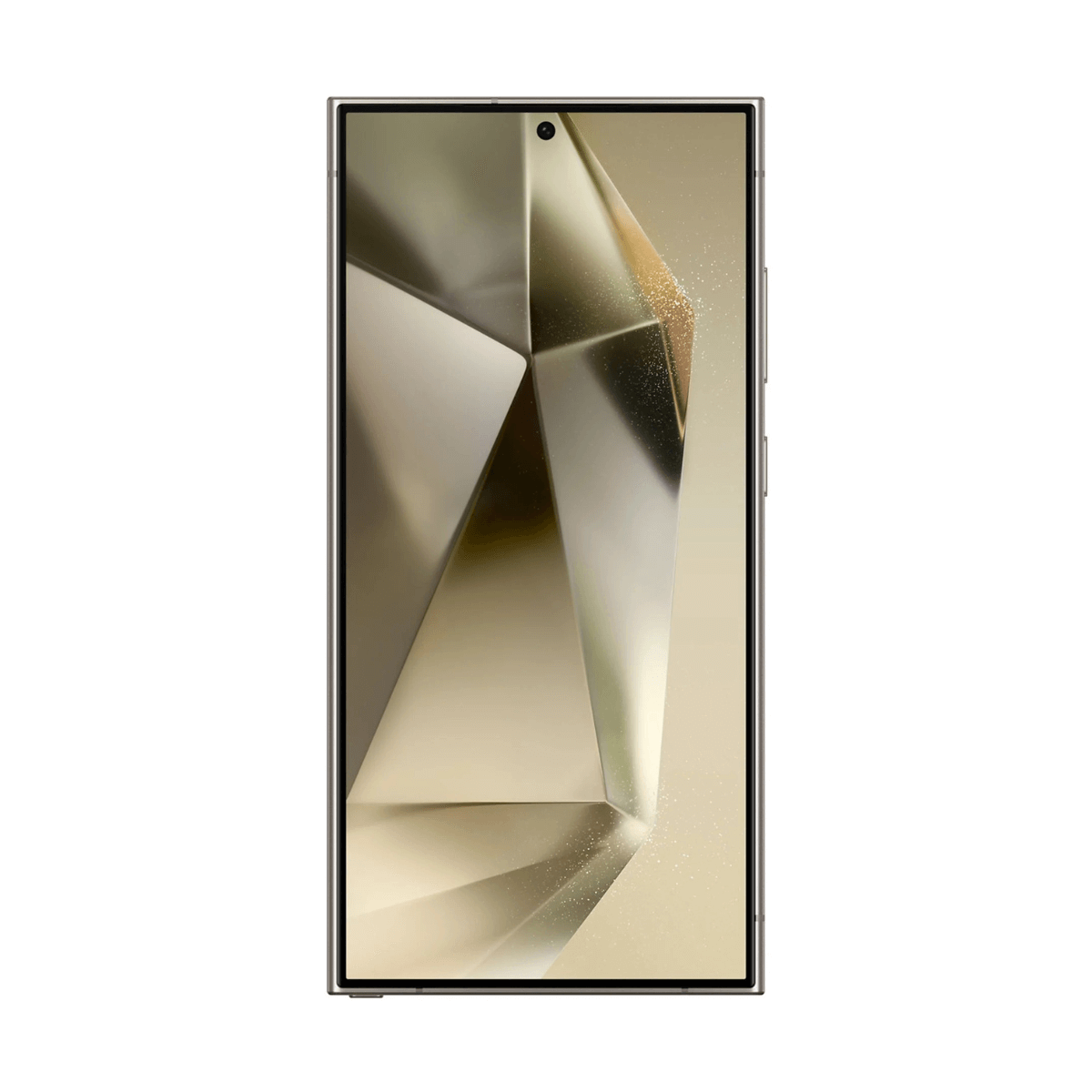 Nowoczesny smartfon z elegancką metalową ramką wyświetla geometryczną, abstrakcyjną tapetę w złotych odcieniach.