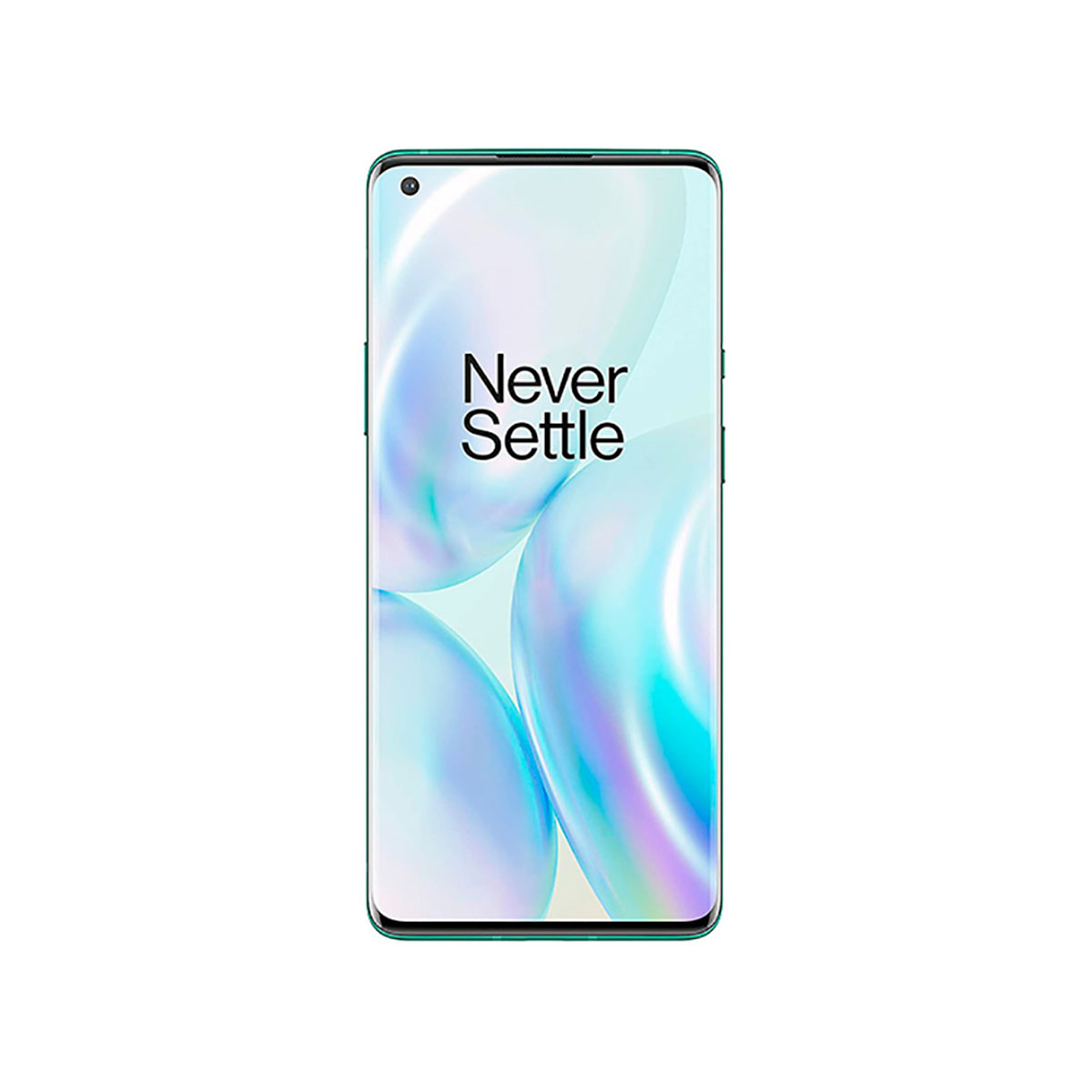 Ein grünes Smartphone mit dem Text "Never Settle" auf dem Bildschirm.