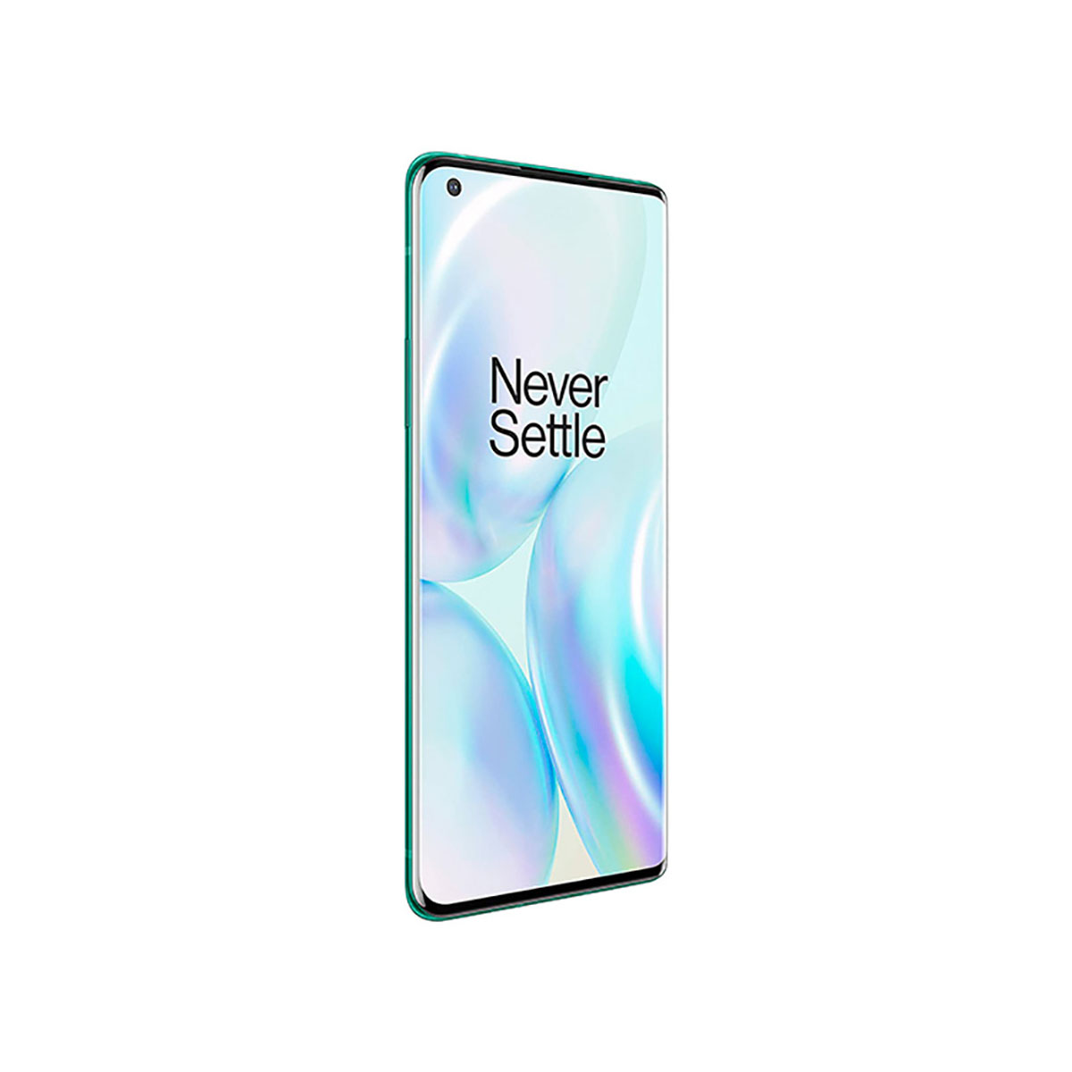 Ein grünes Smartphone mit dem Schriftzug "Never Settle" auf dem Bildschirm.