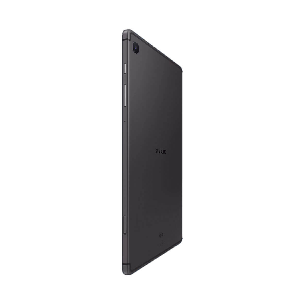 Una tableta Samsung oscura se muestra de lado, con su logo en la parte posterior.