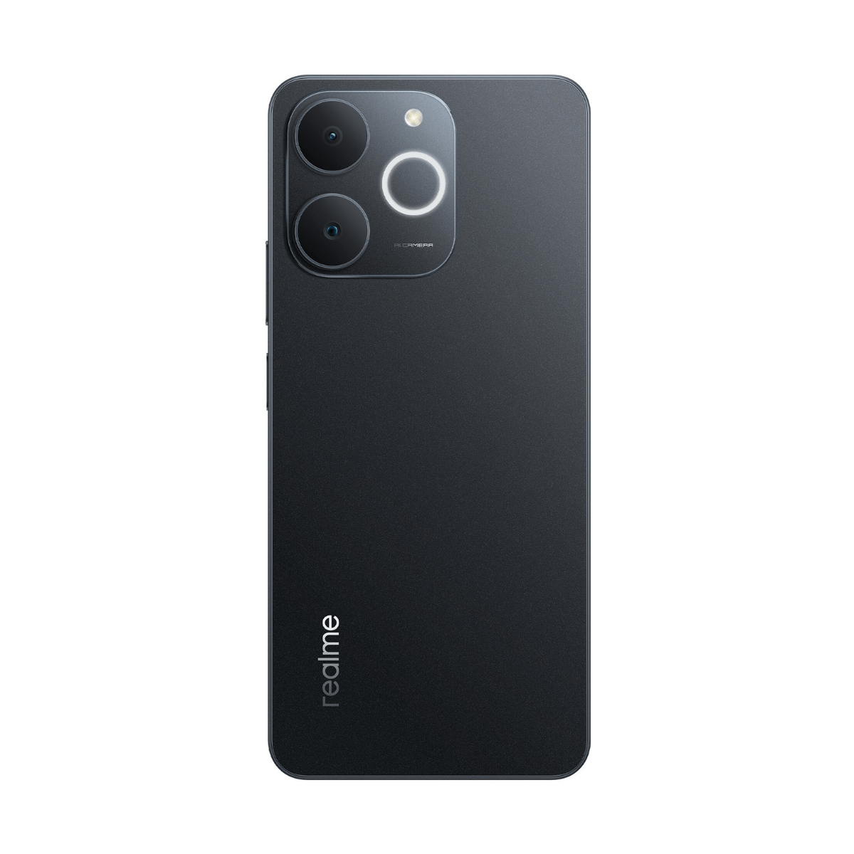 Retro di uno smartphone scuro con doppia fotocamera, flash e logo Realme.