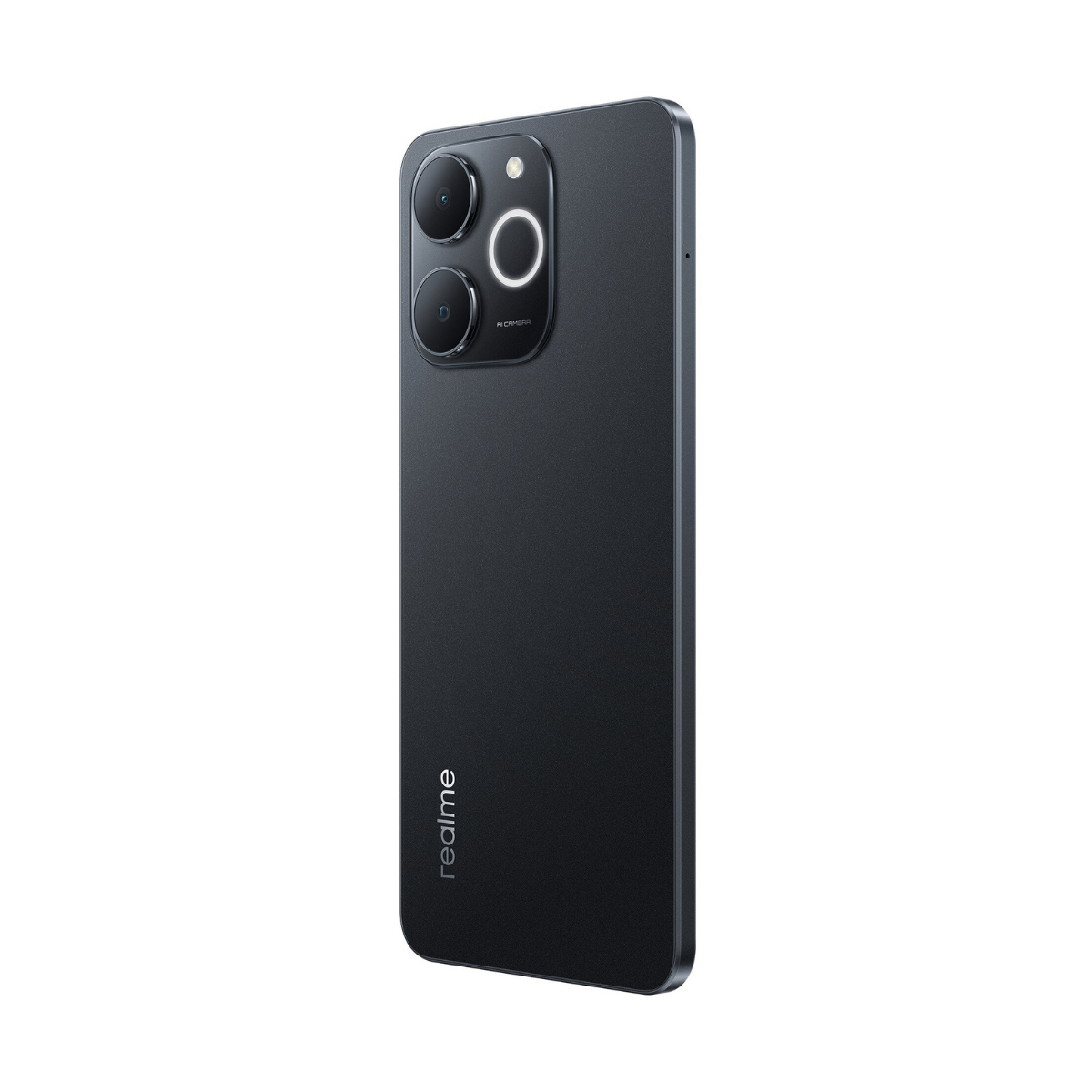 Uno smartphone Realme nero con sistema a doppia fotocamera è mostrato di retro.