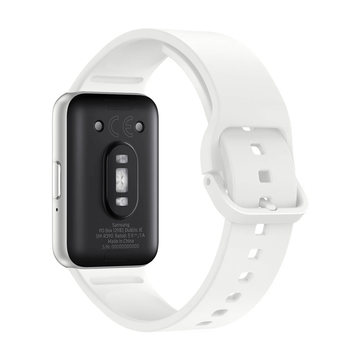 Een witte smartwatch met een zwarte achterkant waarop Samsung's details en modelnummer staan.