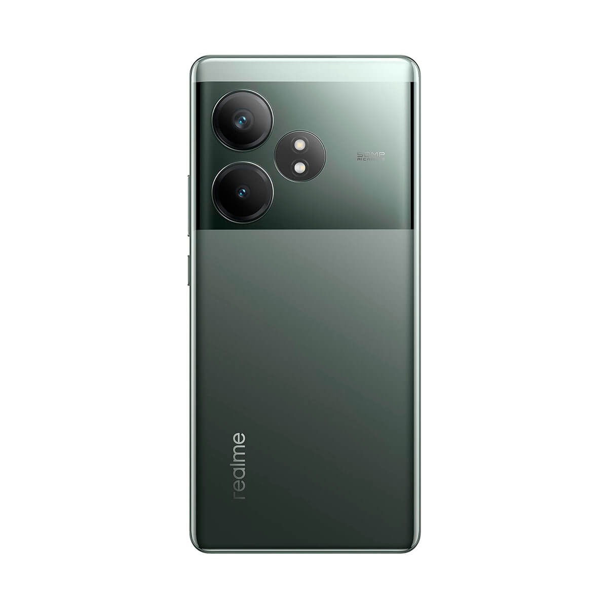 Rückseite eines dunkelgrünen Smartphones mit dreifacher Kamera und Realme-Logo.