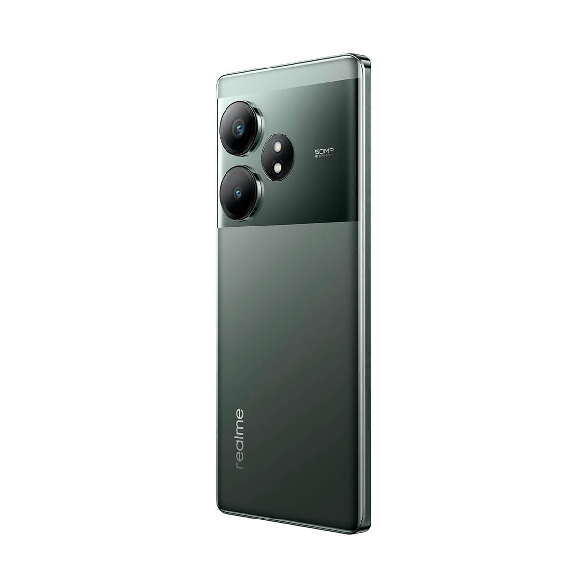 Ein dunkles Smartphone mit drei Kameras auf der Rückseite und dem Realme-Logo.