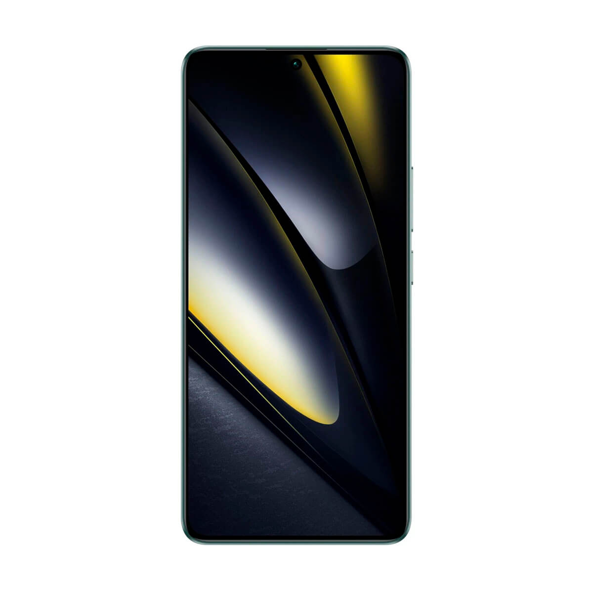 Ciemnozielony smartfon z abstrakcyjną żółto-czarną tapetą.