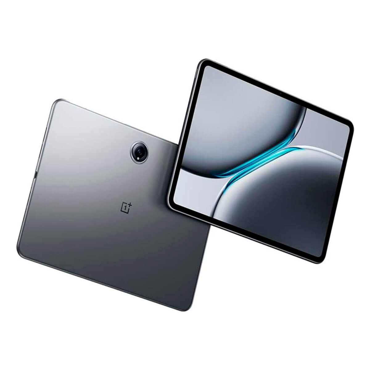 Tablet grigio con fotocamera e logo OnePlus, schermo mostra forme astratte.
