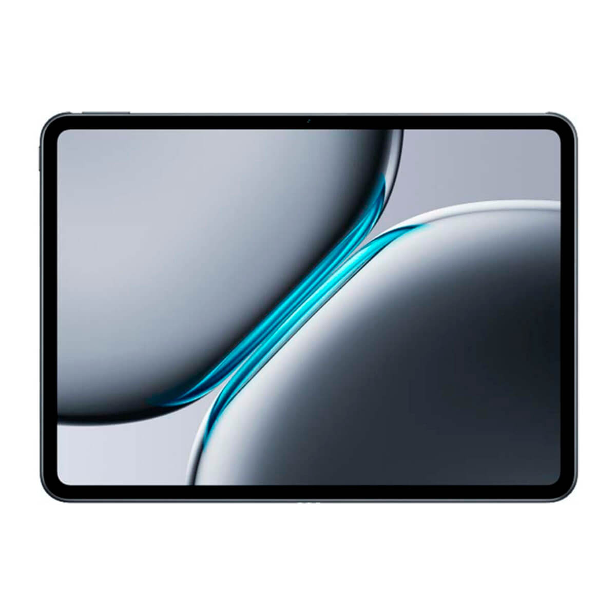 Un tablet scuro mostra uno sfondo astratto ed elegante con forme blu e grigie fluide.