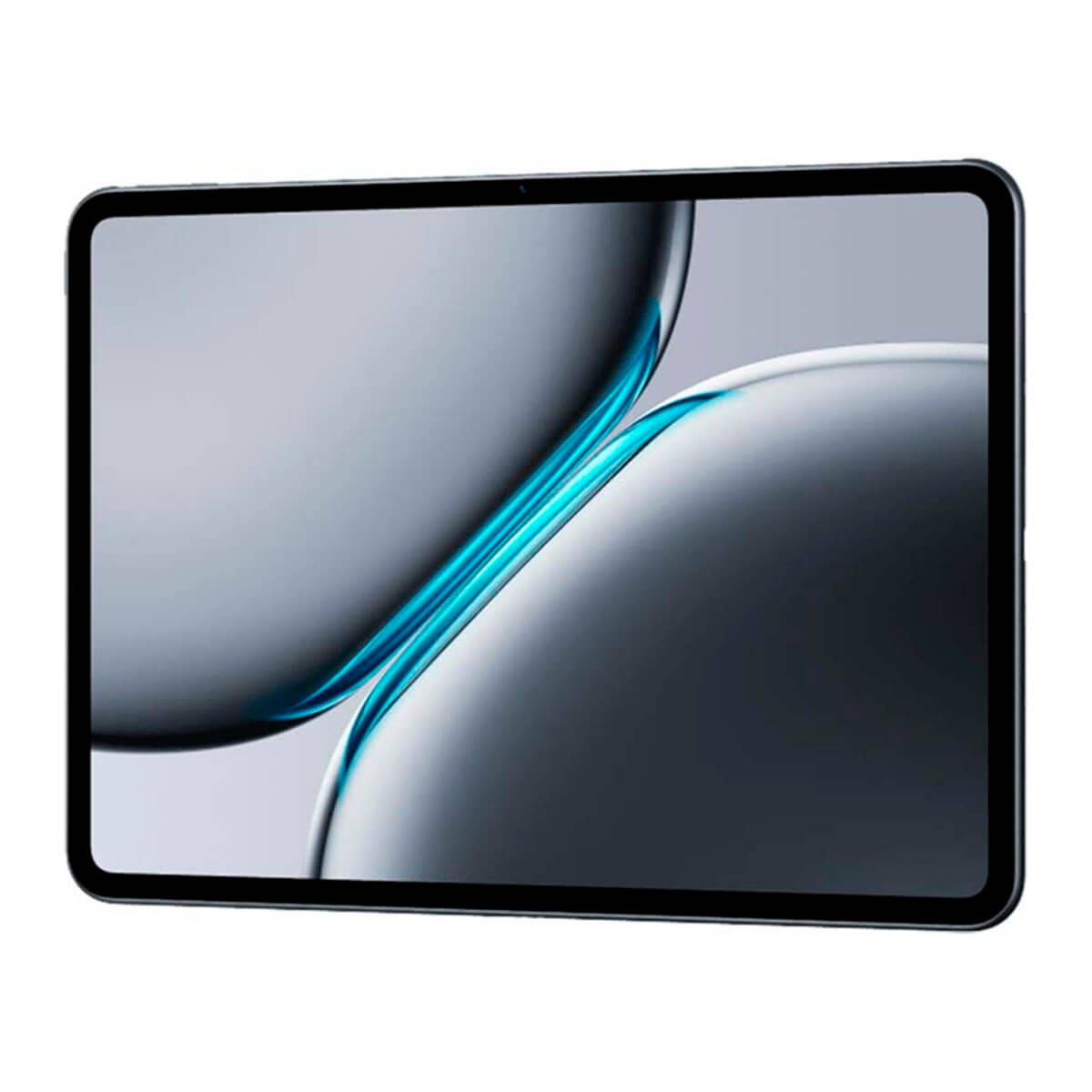 Un tablet scuro con uno sfondo astratto blu e grigio.