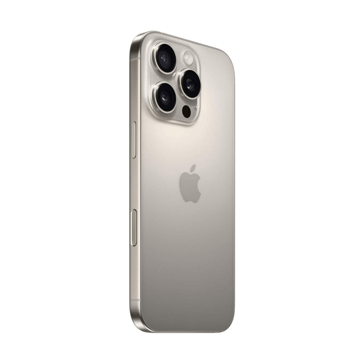 Rückseite eines silbernen iPhones mit drei Kameras und einem Apple-Logo.