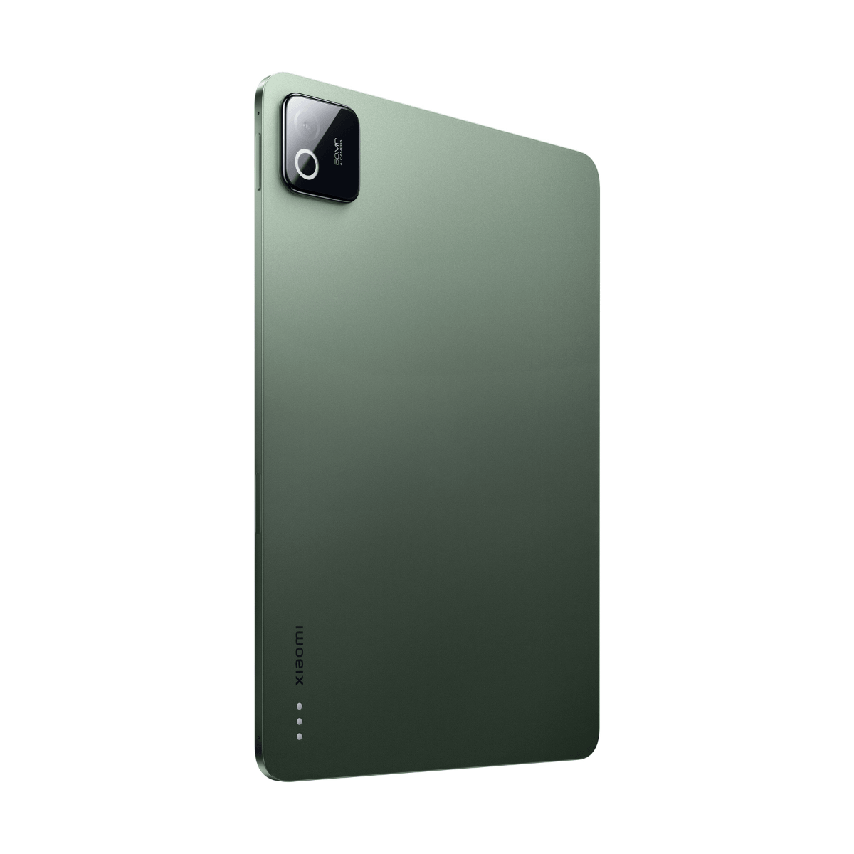 Ein grünes Tablet mit Kameramodul und Xiaomi-Logo auf weißem Hintergrund.