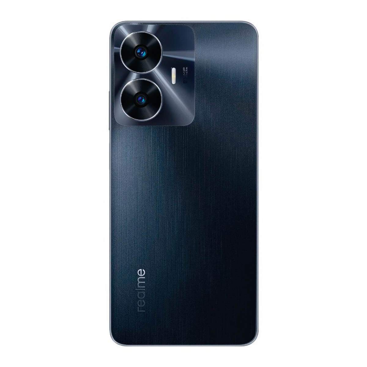 Smartphone blu scuro con due fotocamere e logo Realme.
