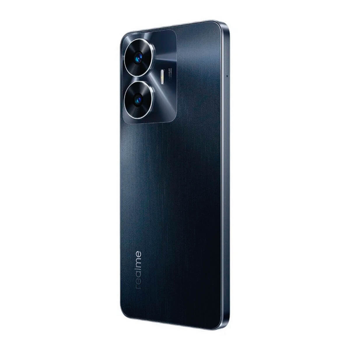 Smartphone blu scuro con due lenti e logo Realme sul retro.