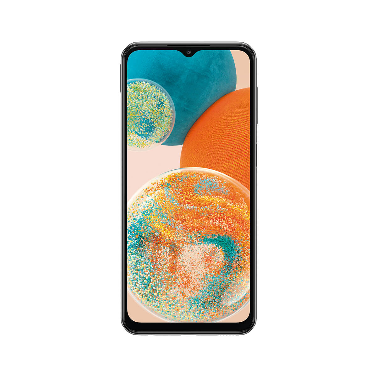 Un smartphone con muesca de gota y un fondo abstracto y colorido.