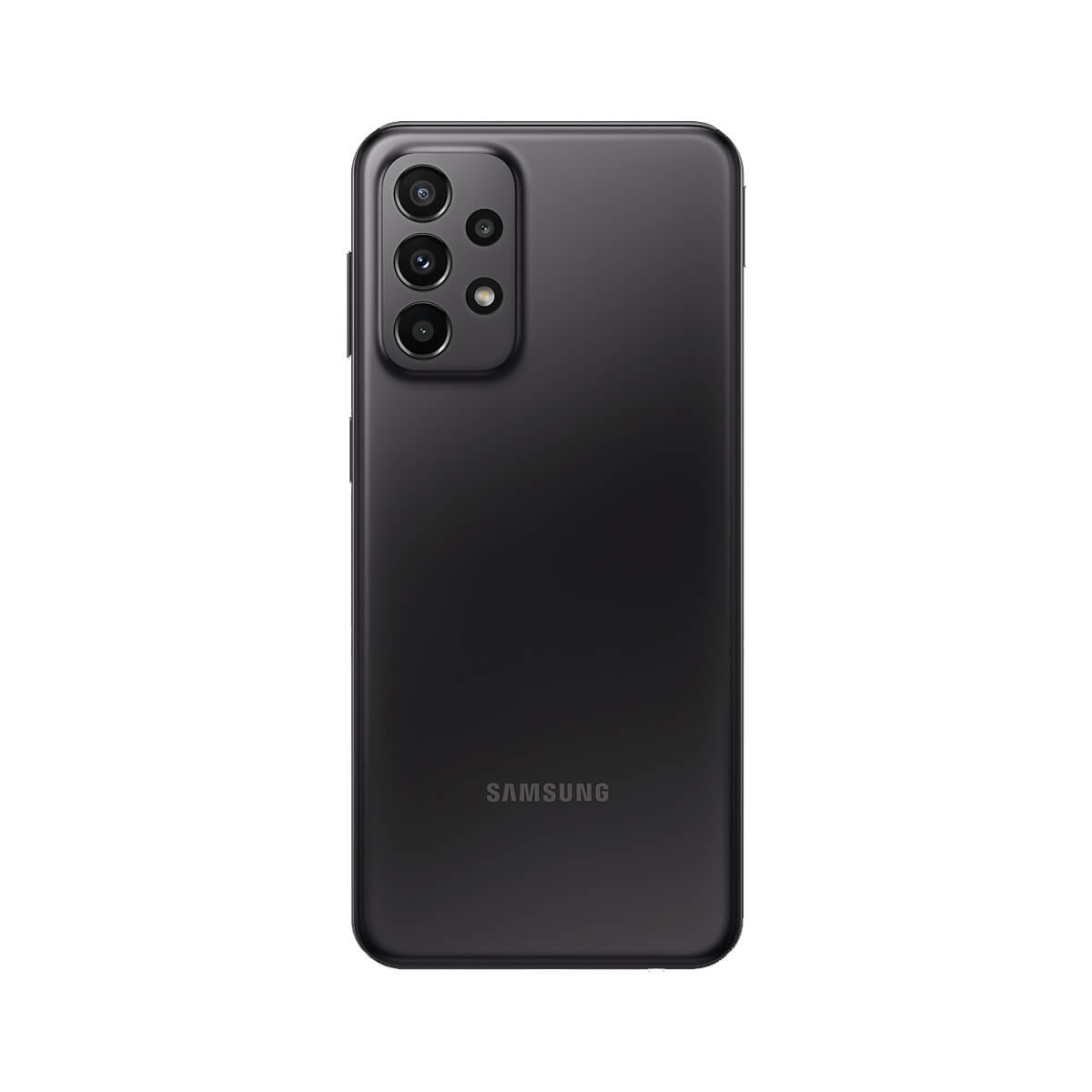 Smartphone Samsung negro con configuración de cuatro cámaras en la parte trasera.