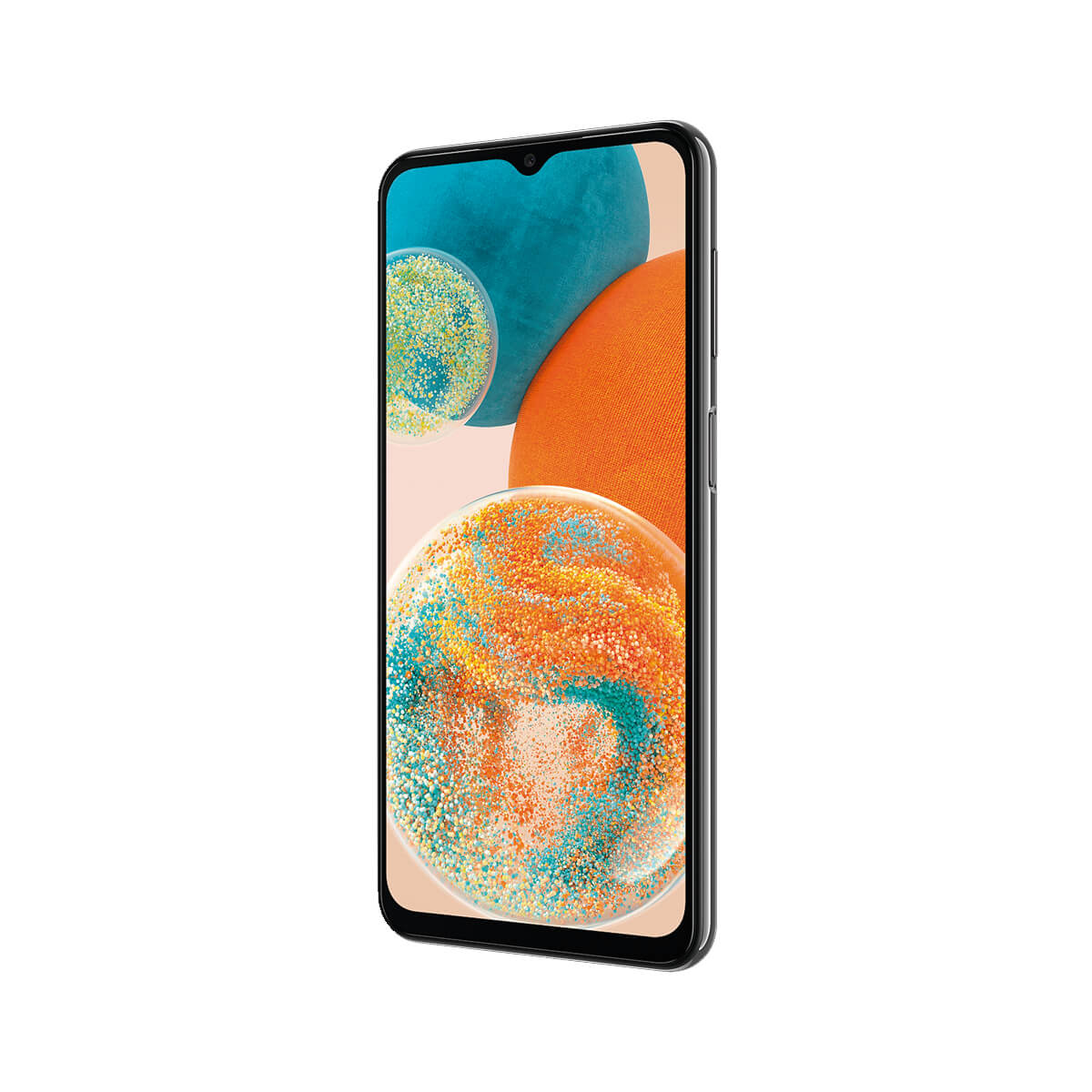 Un smartphone negro con un fondo de pantalla colorido de esferas.