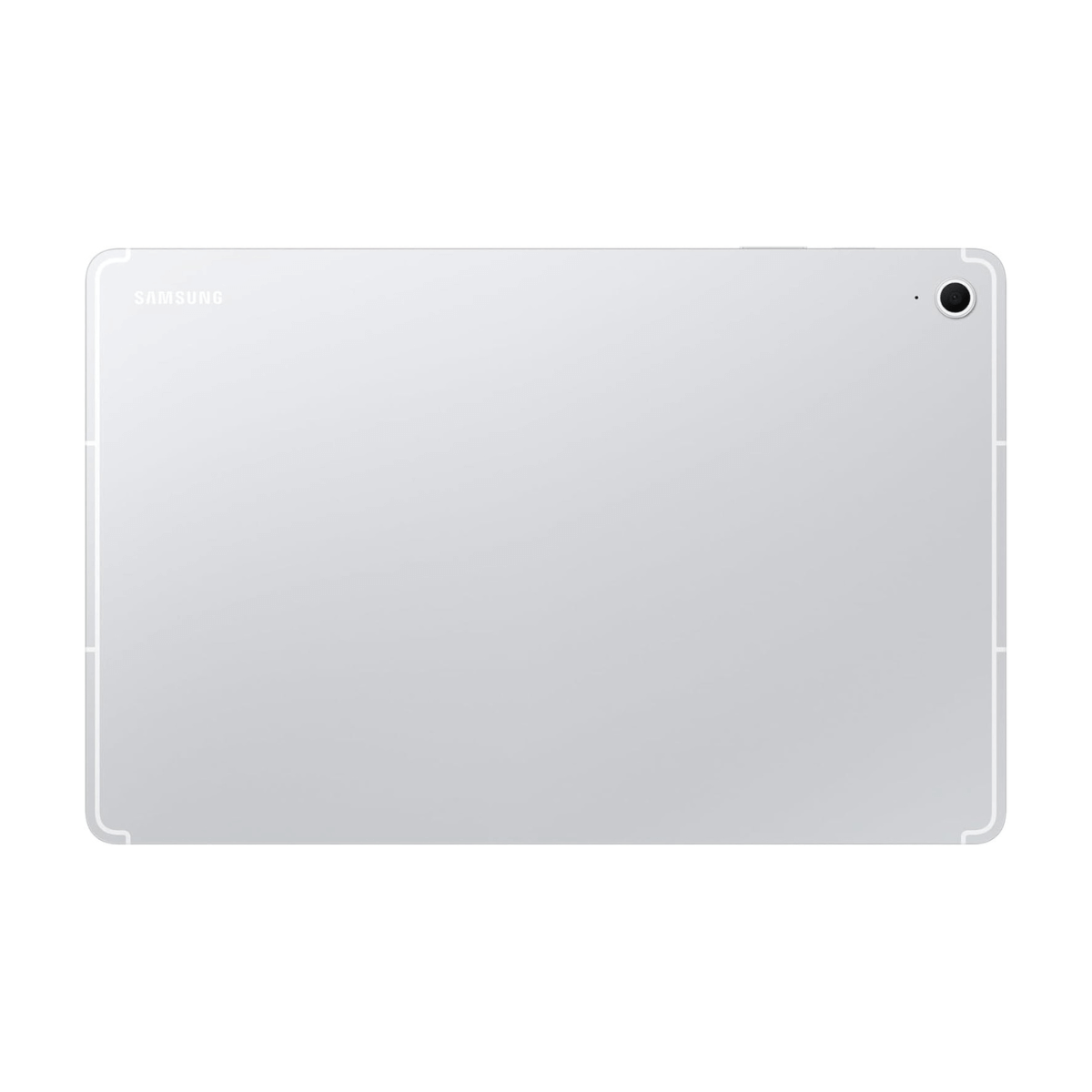 Rückseite eines silbernen Samsung Tablets mit Kamera und Logo.
