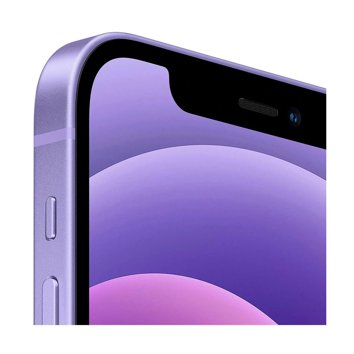 Close up of a purple smartphone, showing the notch and speaker.