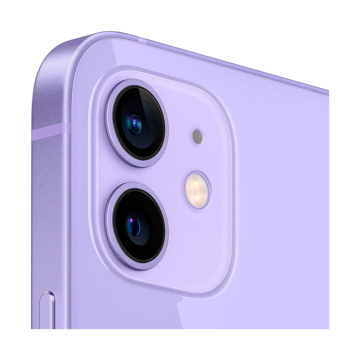 Close-up of a purple iPhone camera with two lenses and flash.