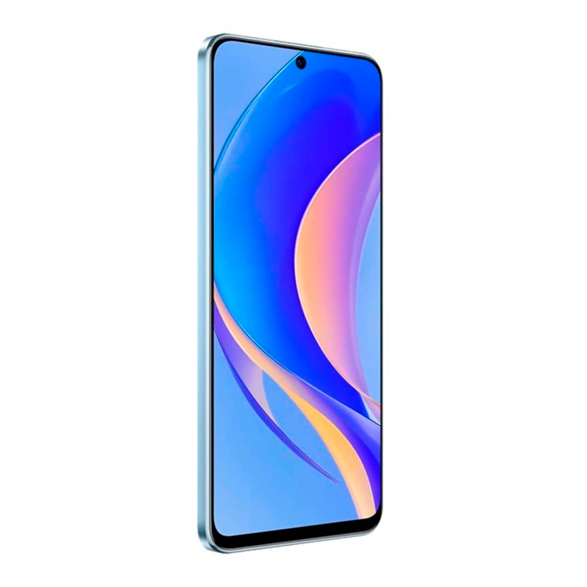 Jasnoniebieski smartfon z kolorową abstrakcyjną tapetą na ekranie.