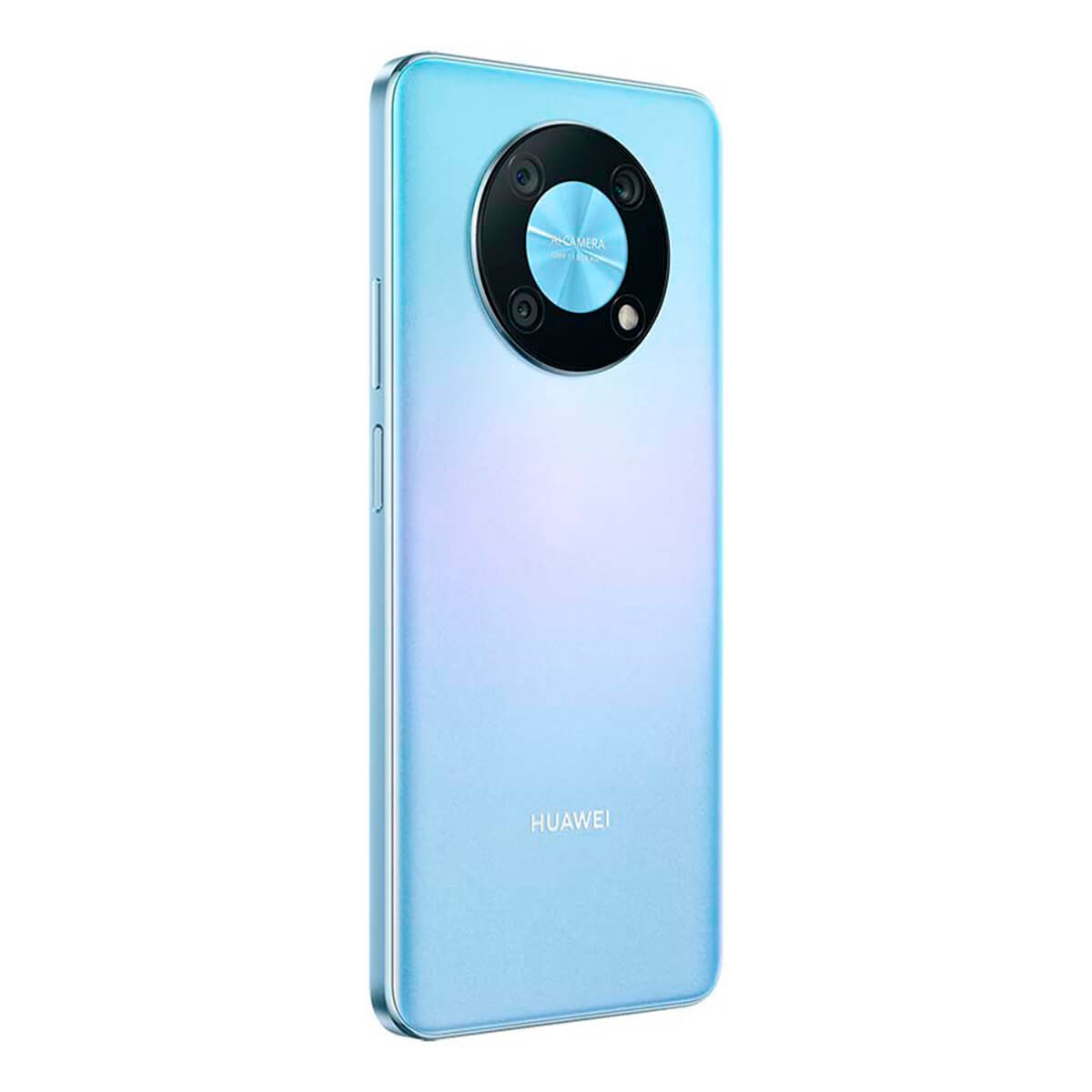 Jasnoniebieski smartfon Huawei z potrójnym aparatem z tyłu.