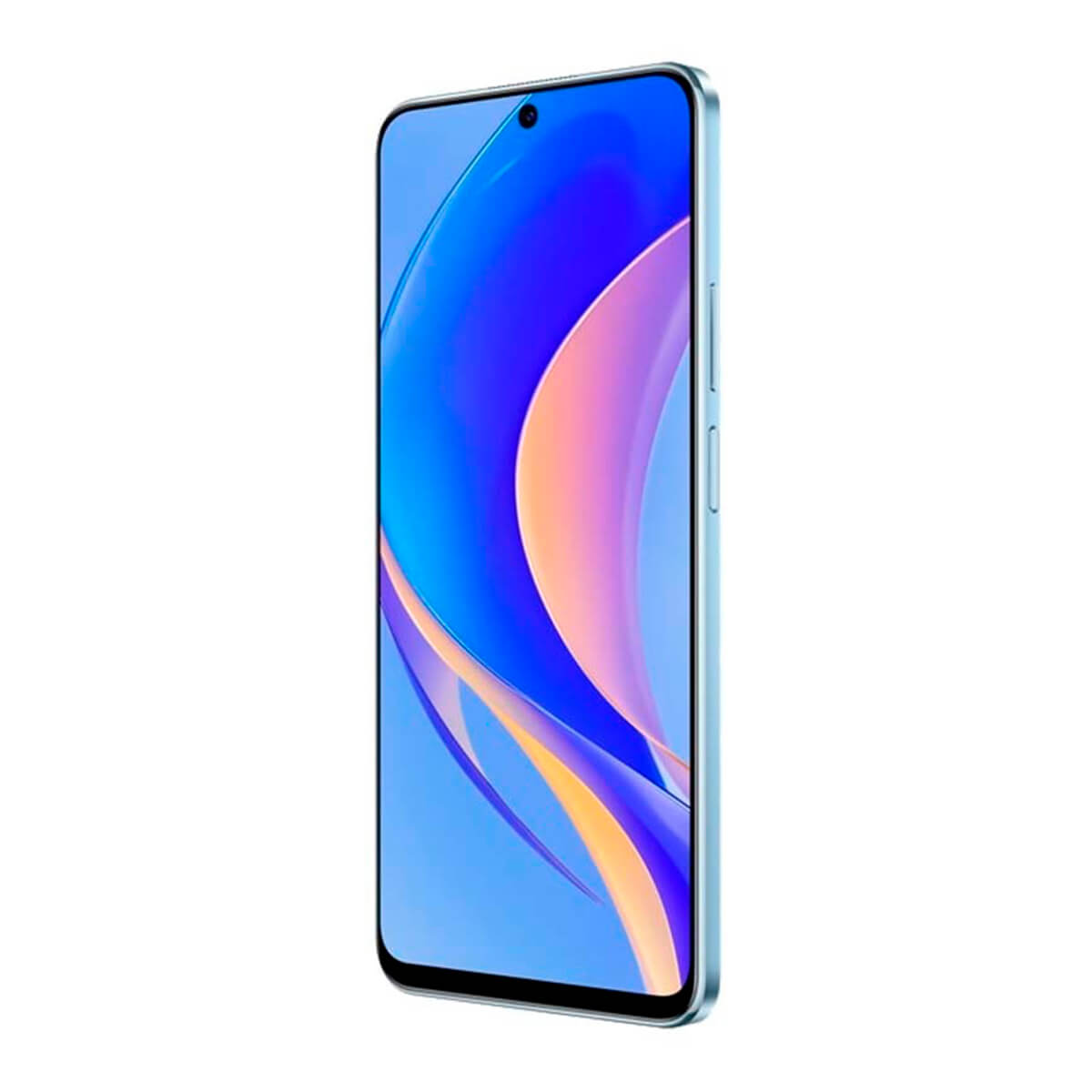 Jasnoniebieski smartfon z niebiesko-pomarańczowym tłem na ekranie.