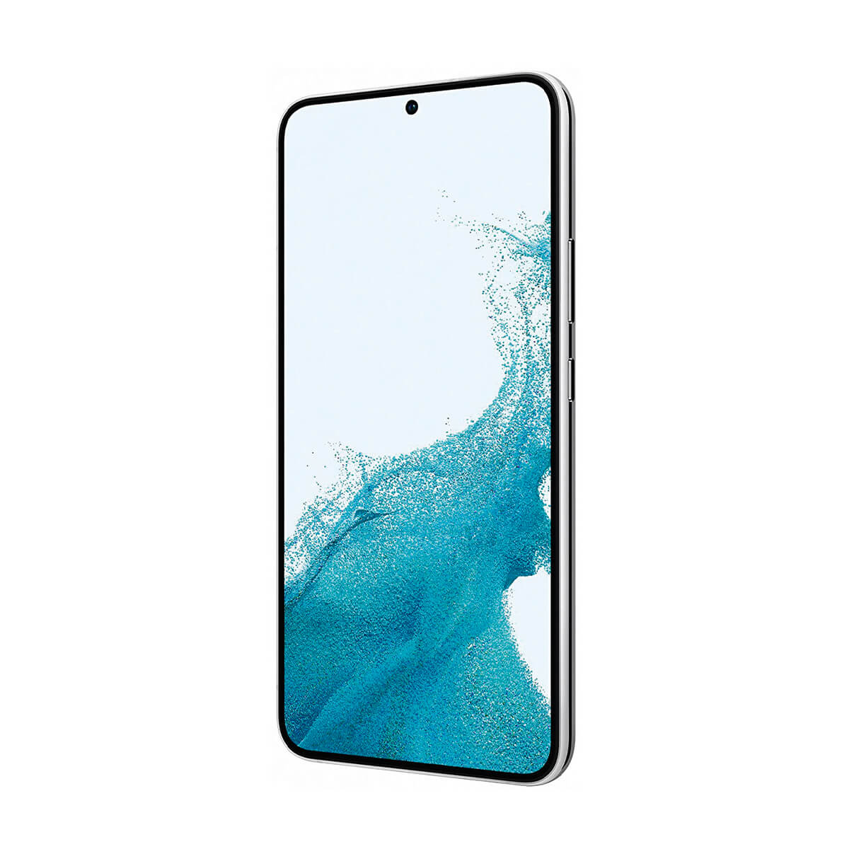 Ein schlankes Smartphone mit einem silbernen Rahmen und einem Bildschirm mit einem blauen, wellenartigen Muster.