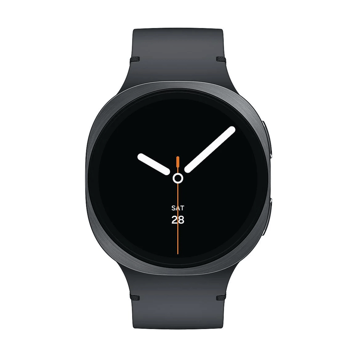 Smartwatch grigio scuro con quadrante nero che mostra la data.