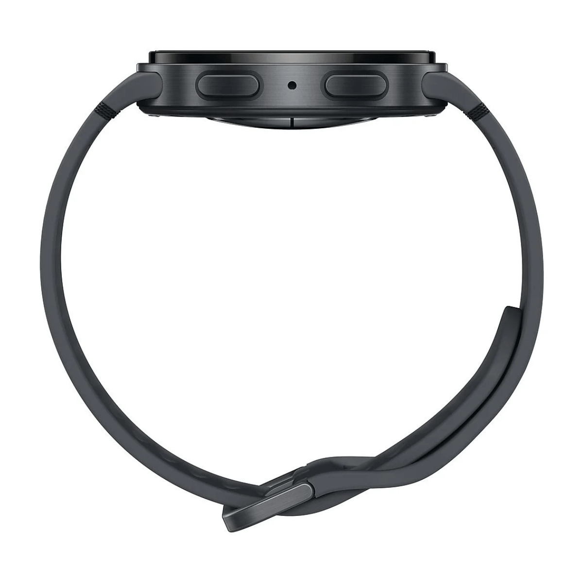 Donkergrijze smartwatch met zwart gezicht en band, van opzij gezien.