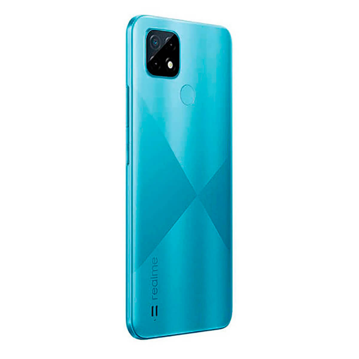 Türkisblaues Smartphone mit Kamera und Fingerabdrucksensor auf der Rückseite.
