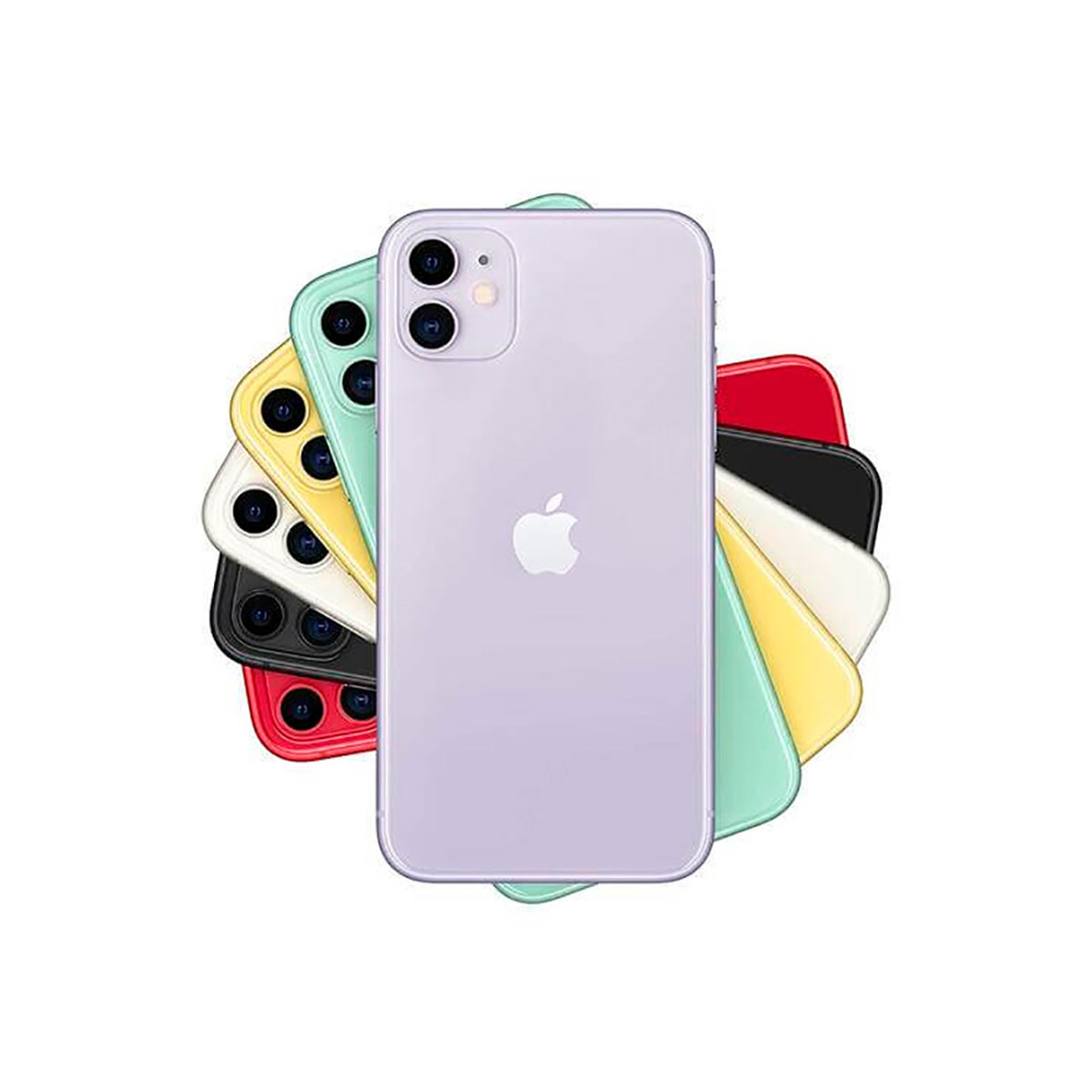 Stos iPhone'ów w różnych kolorach: fioletowym, czerwonym, czarnym, białym, żółtym, miętowym.