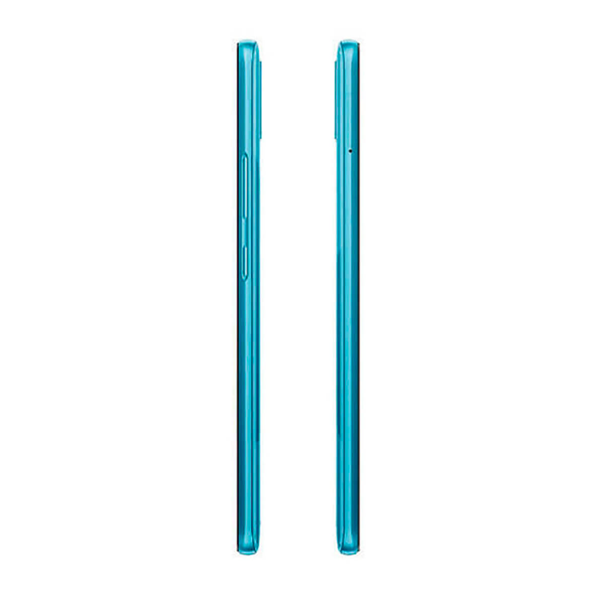 Zwei türkise Smartphones nebeneinander, von der Seite gesehen.