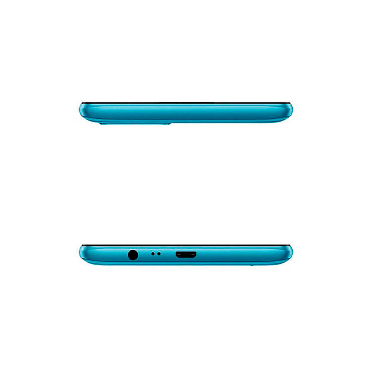 Ober- und Unterseite eines blauen Smartphones mit Anschlüssen.