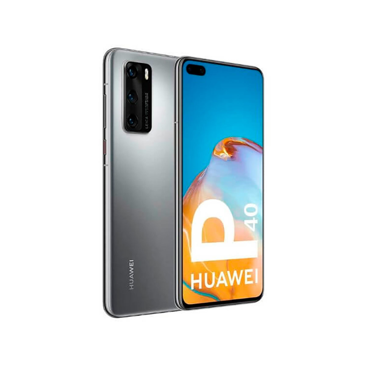 Ein silbernes Huawei P40 Smartphone von hinten und vorne gezeigt. Der Bildschirm zeigt „P40 HUAWEI“.