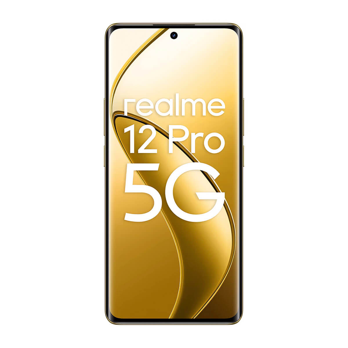 Un smartphone Realme 12 Pro 5G sobre fondo dorado. Texto blanco.