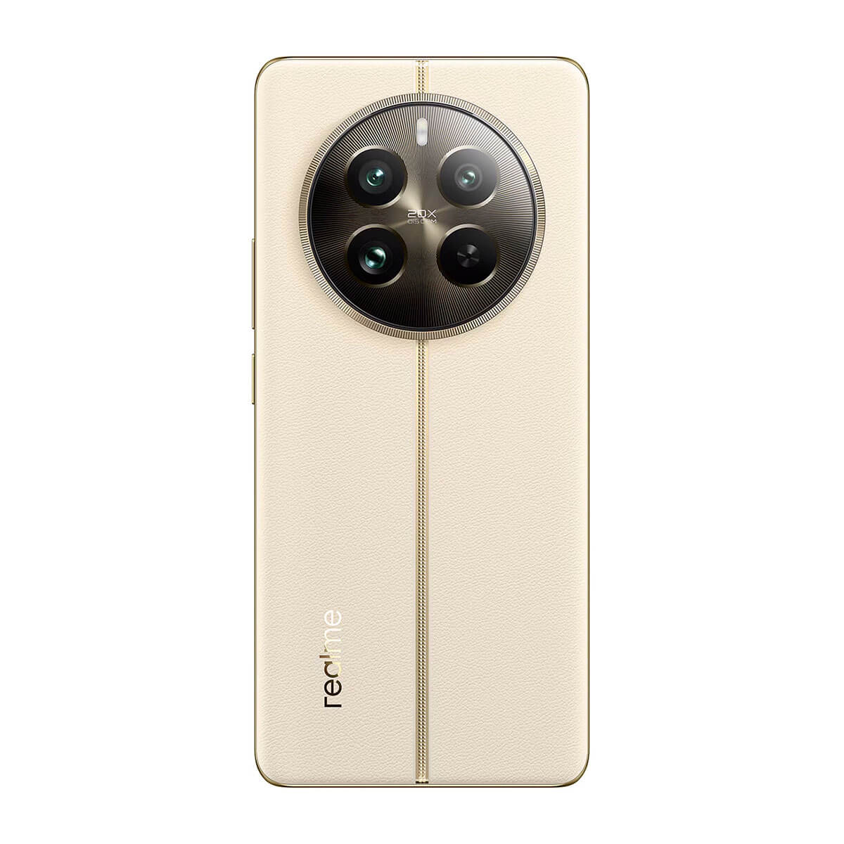 Un smartphone beige con módulo de cámara circular y detalles dorados. El logo de Realme es visible.