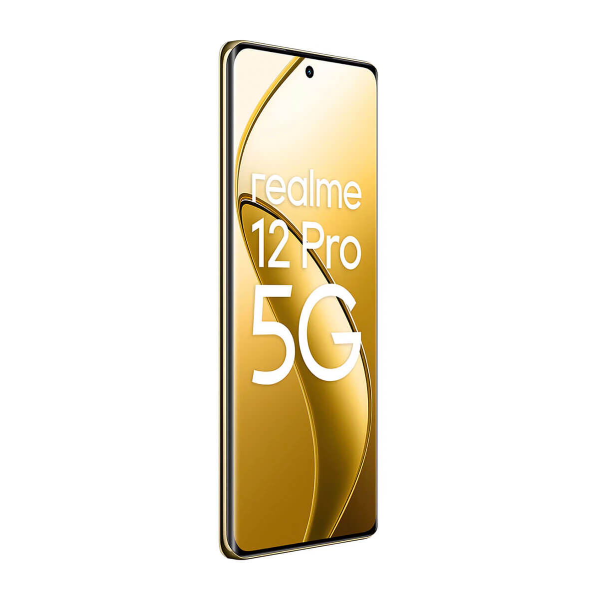 Smartphone dorado Realme 12 Pro 5G sobre fondo blanco.