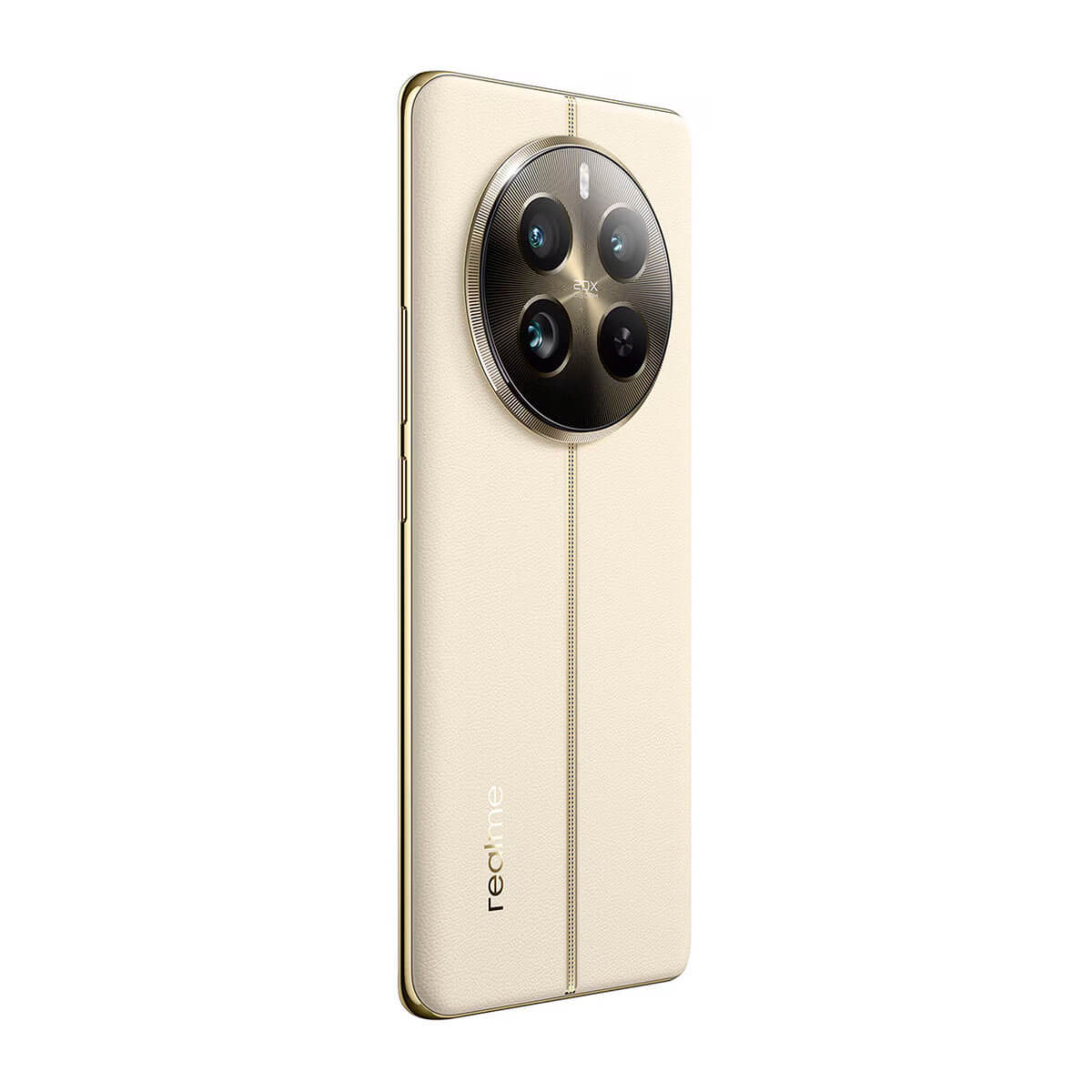 Un smartphone color crema con borde dorado y una disposición de módulo de cámara redondo.