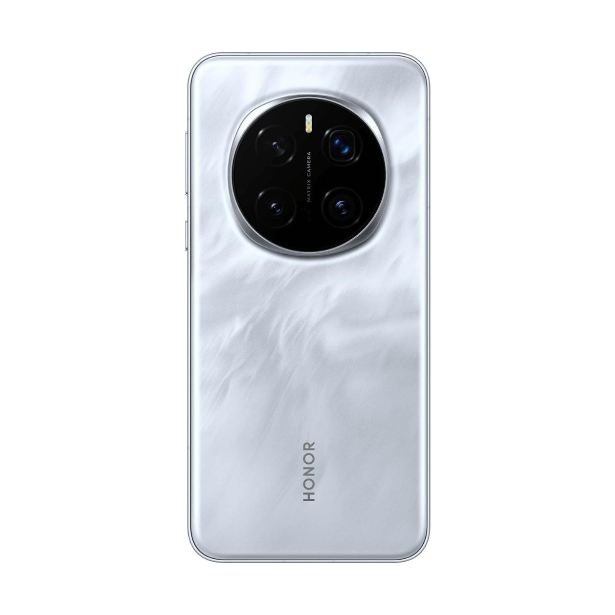 A white smartphone with a large, round camera module on the back.