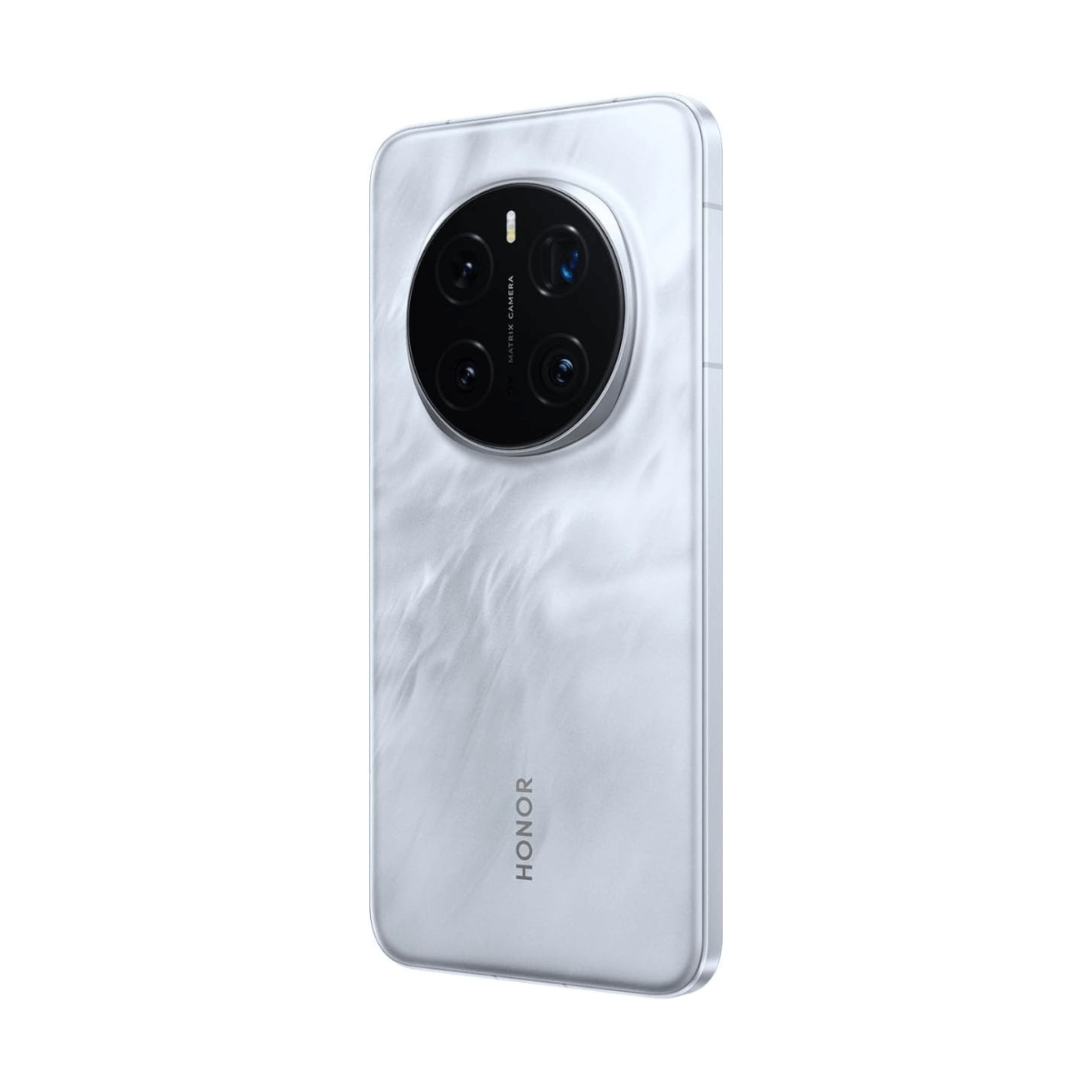 A white smartphone with marble pattern and matrix camera module.