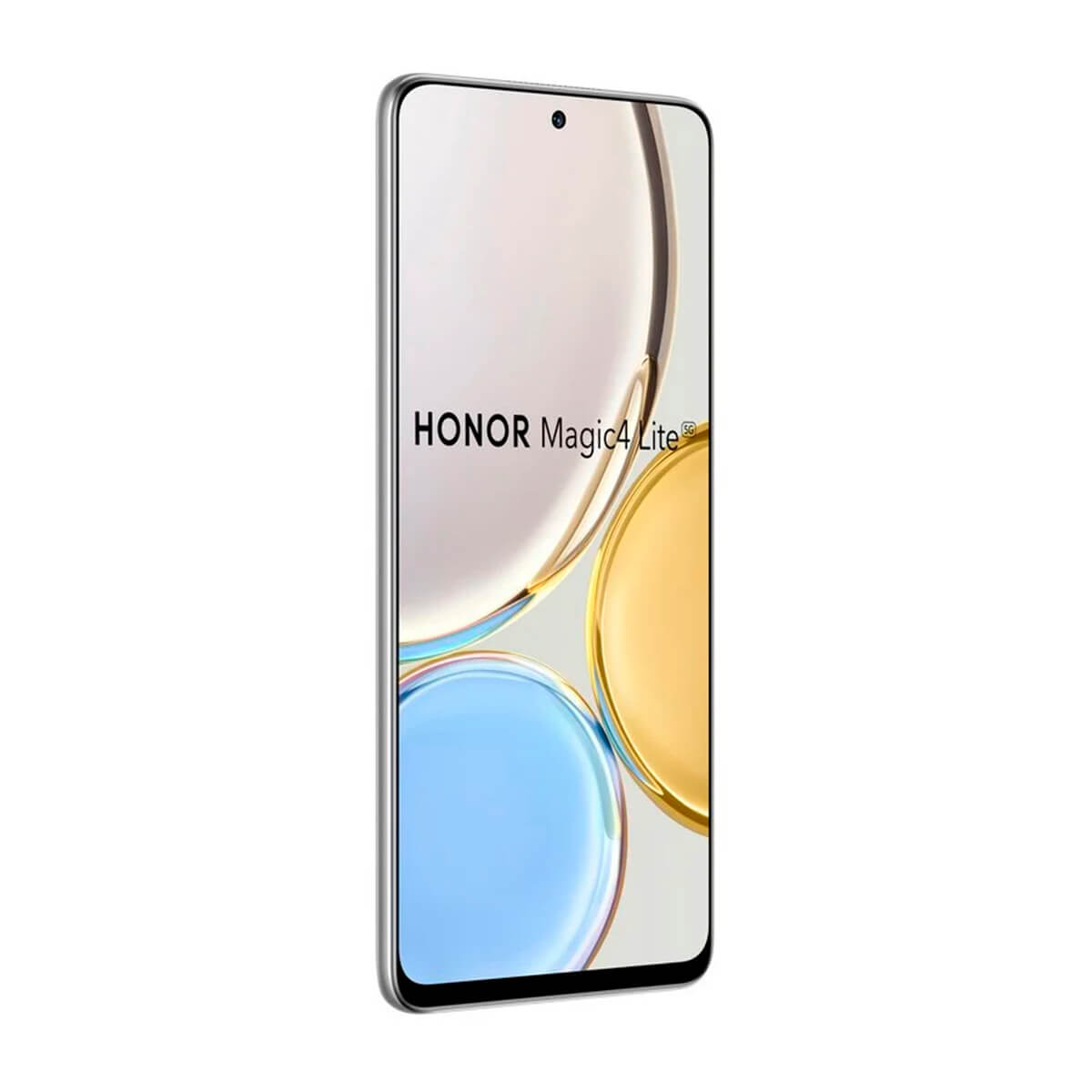 Smartfon HONOR Magic4 Lite z srebrną ramką, zbliżenie na ekran.